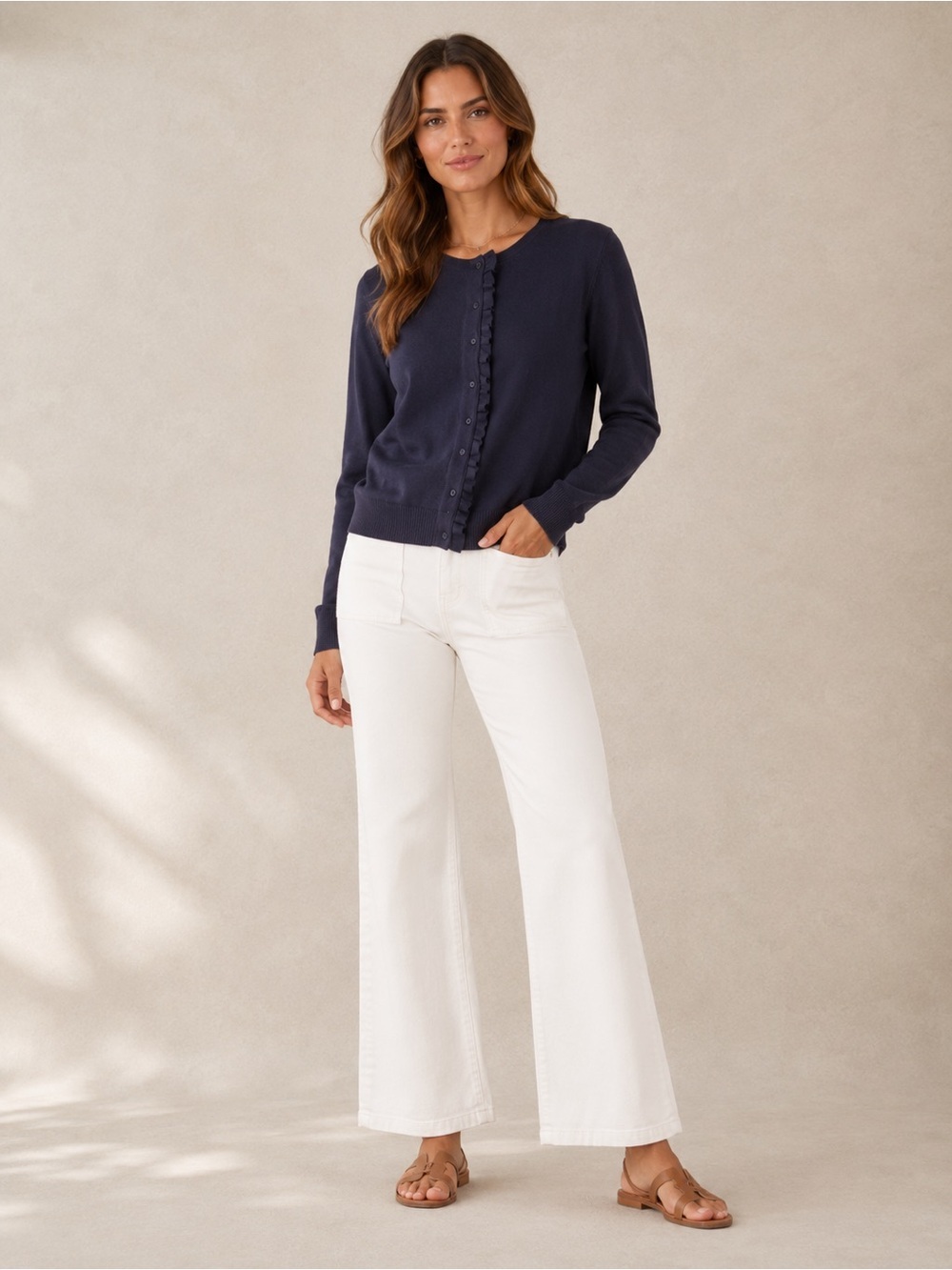 Lands End Navy Button-Front Cardigan w/half ruffle detail L ( 14 - 16 ) Academia